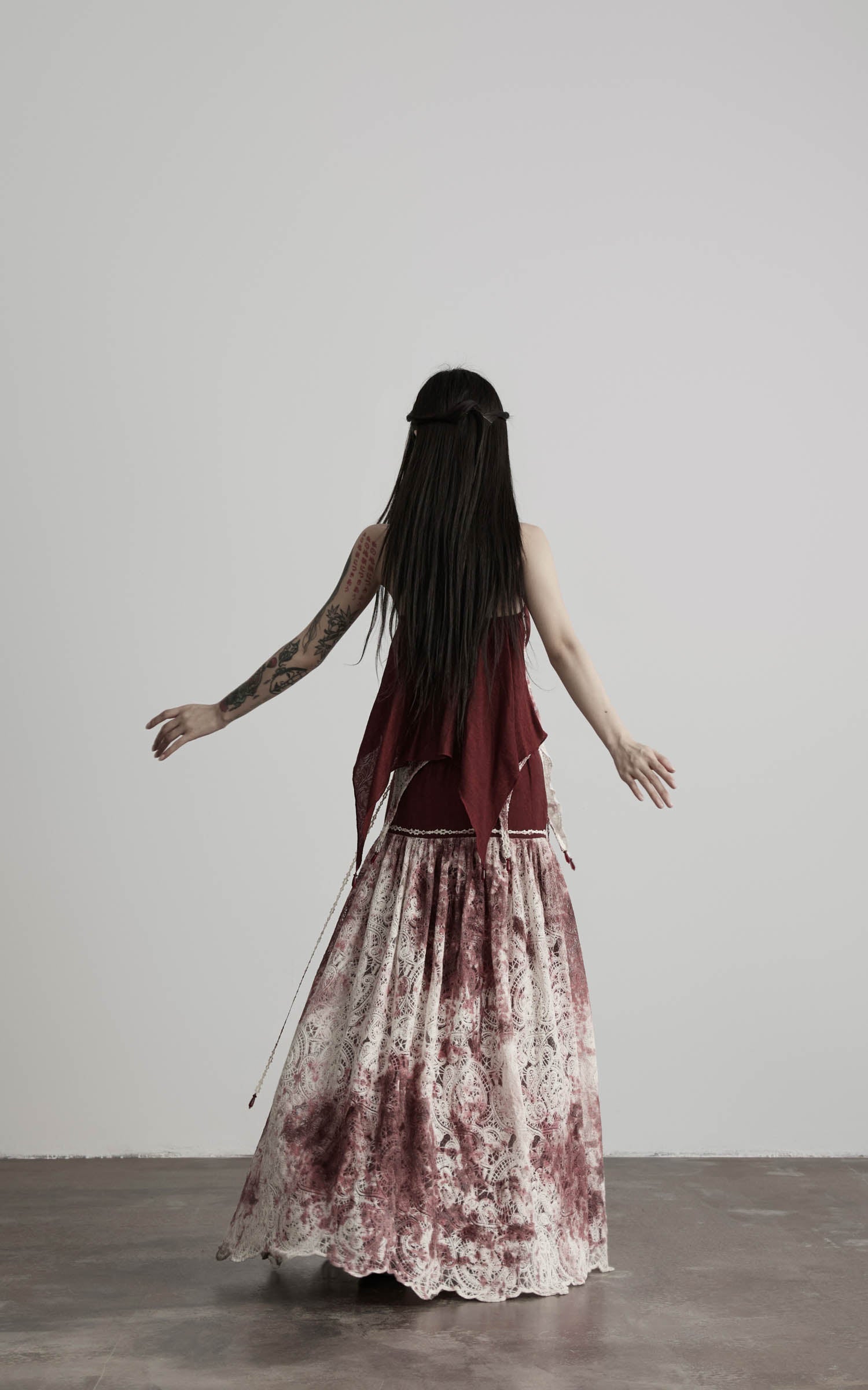 DOINDULGE Deconstructed Lace Panel Maxi Skirt