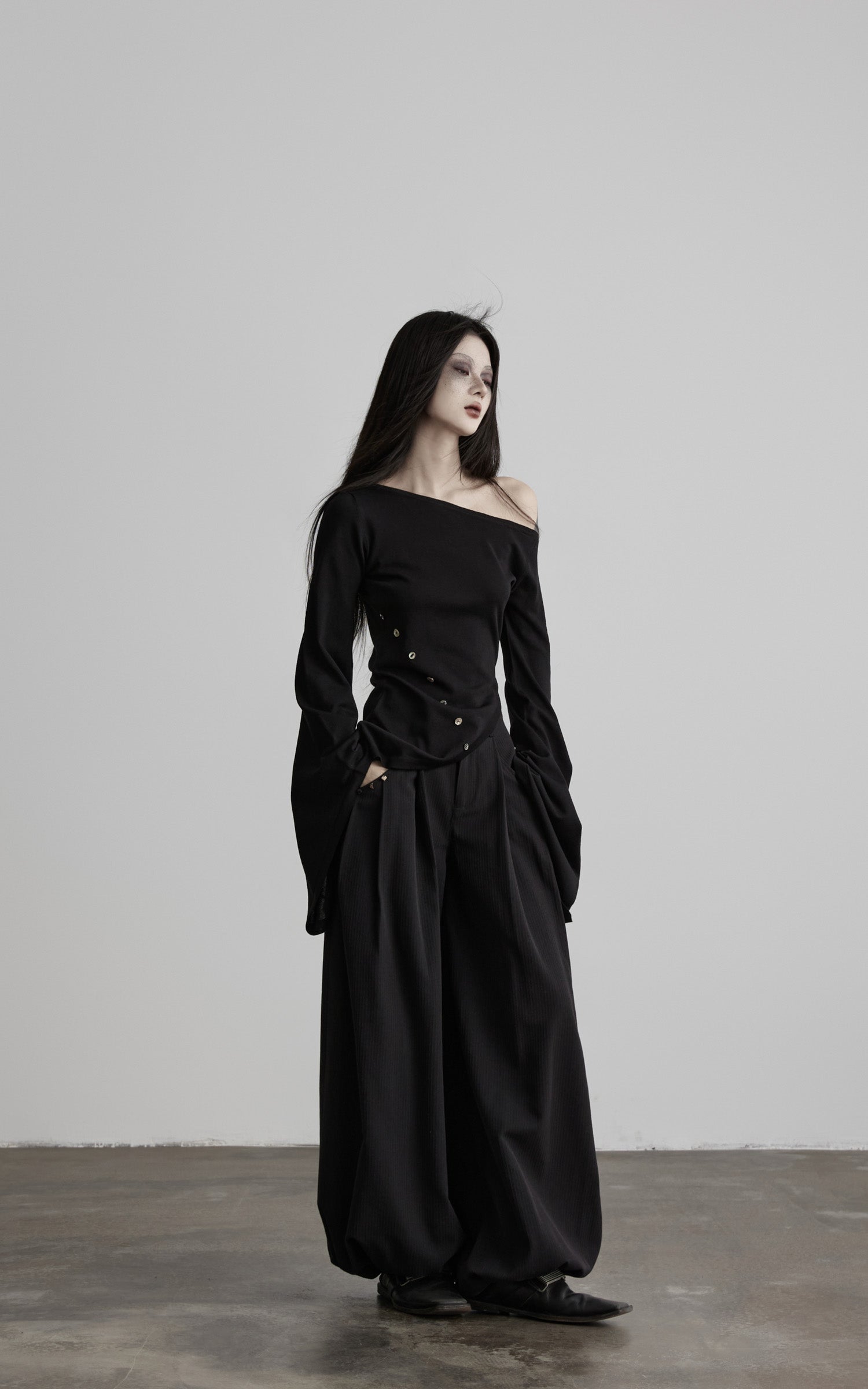 DOINDULGE Shadow Stripe Balloon Pants with Gathered Hem