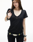 IAMXIAA T-shirt transparent à col en V avec poche