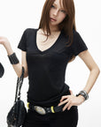 IAMXIAA T-shirt transparent à col en V avec poche