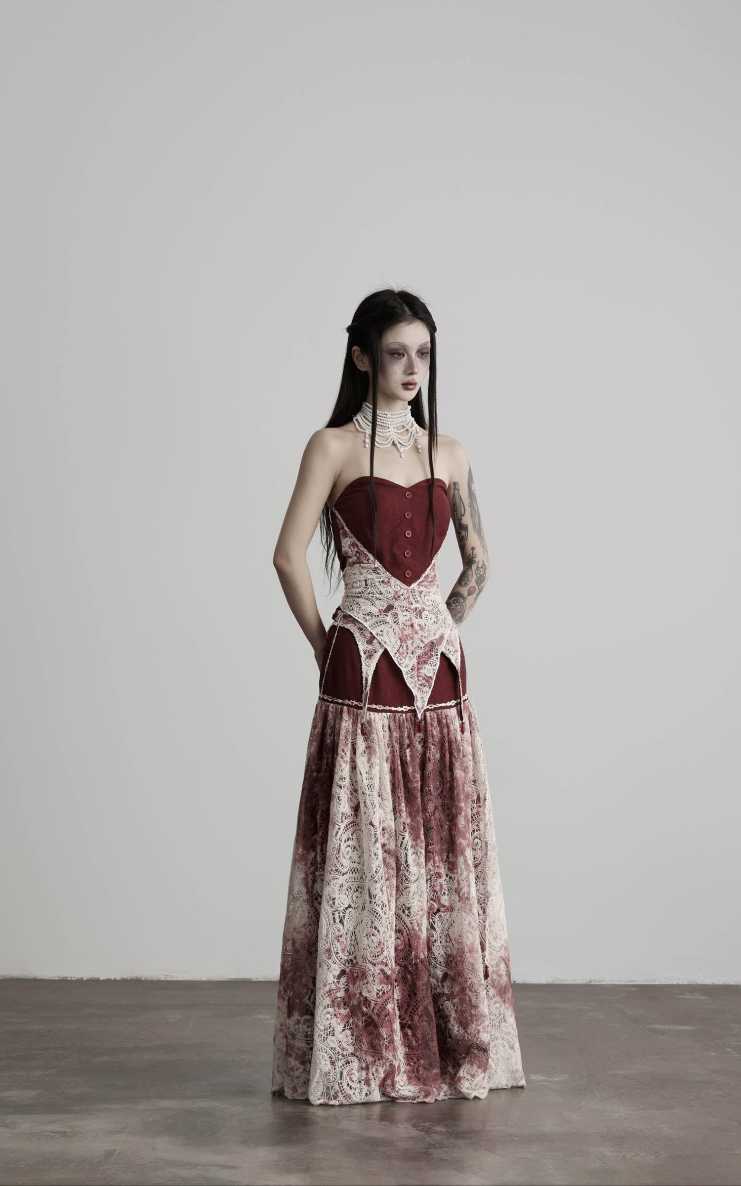 DOINDULGE Deconstructed Lace Panel Maxi Skirt
