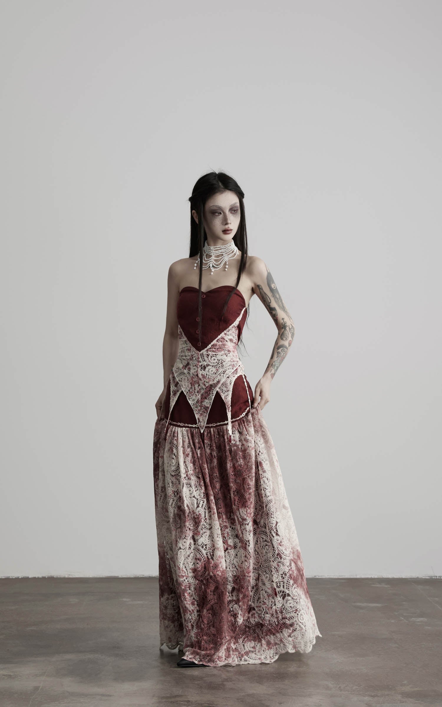 DOINDULGE Deconstructed Lace Panel Maxi Skirt