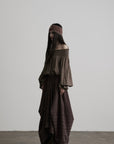 DOINDULGE Shadow Stripe Asymmetric Draped Skirt with Raw Braided Details