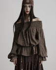 DOINDULGE Off-Shoulder Ruched Blouse with Beaded Drawstring