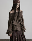 DOINDULGE Off-Shoulder Ruched Blouse with Beaded Drawstring