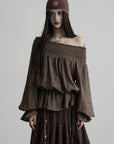DOINDULGE Off-Shoulder Ruched Blouse with Beaded Drawstring