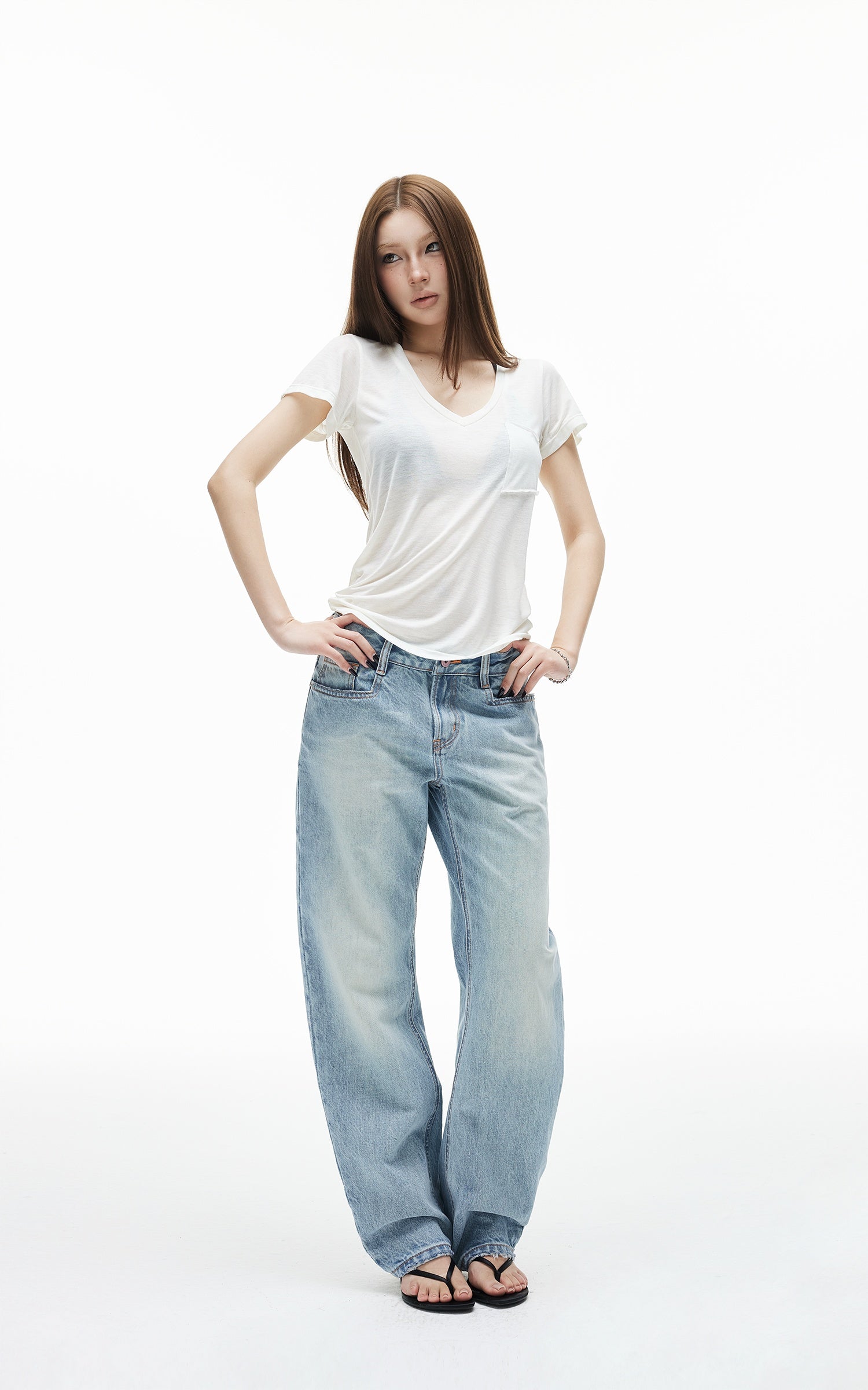 IAMXIAA T-shirt transparent à col en V avec poche