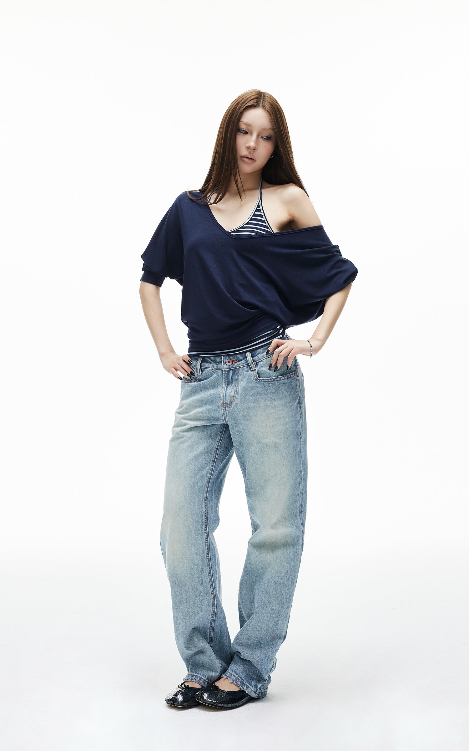 IAMXIAA Navy Layered Stripe Halter &amp; Slouchy V-Neck Top