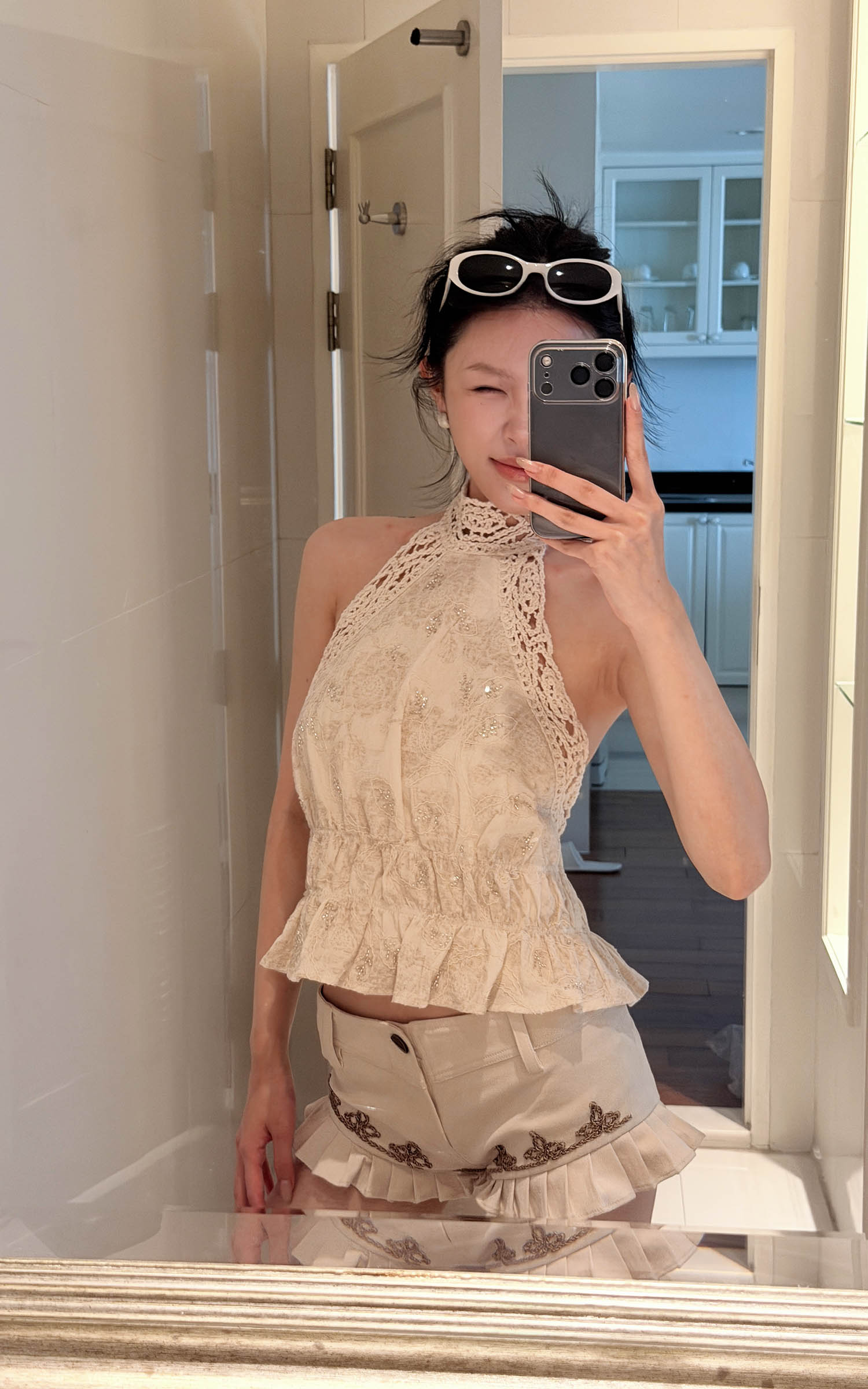 Hydrae Haut dos-nu vintage en dentelle crochetée avec lien à nouer
