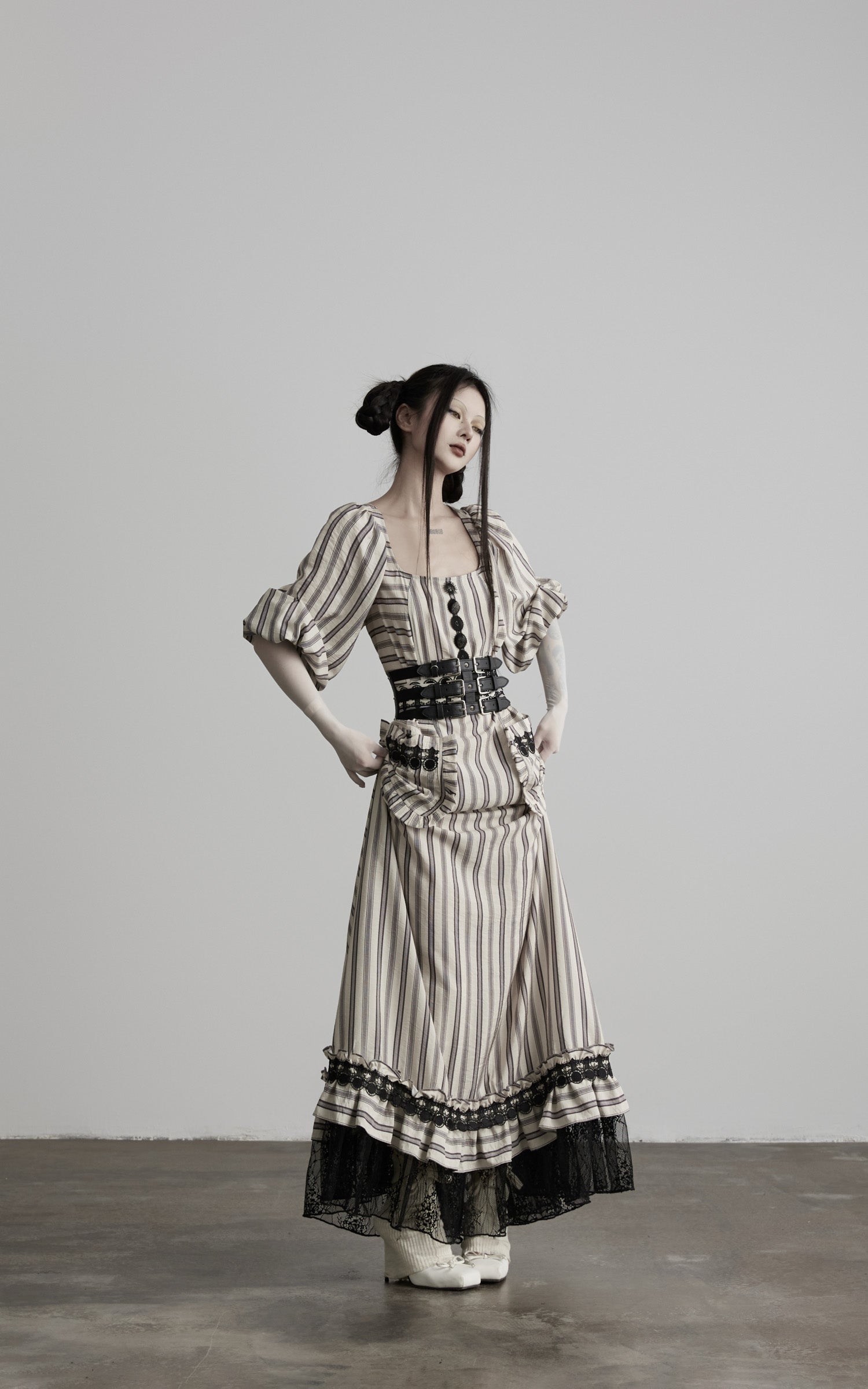 DOINDULGE Striped Square-Neck Fitted Waist Dress with Lace Trim