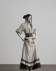 DOINDULGE Striped Square-Neck Fitted Waist Dress with Lace Trim
