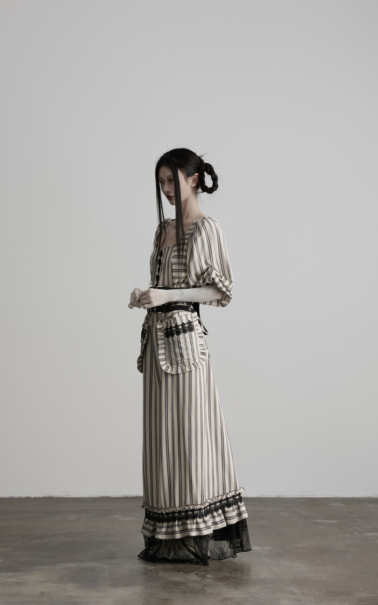 DOINDULGE Striped Square-Neck Fitted Waist Dress with Lace Trim