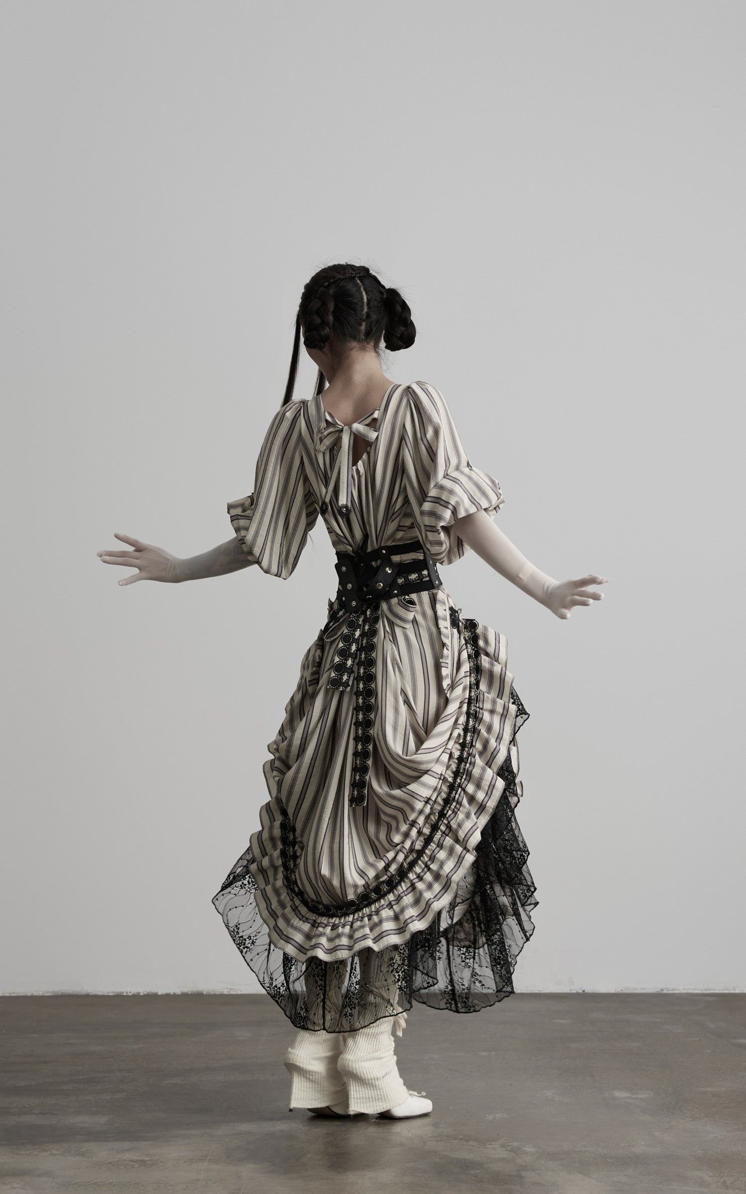DOINDULGE Striped Square-Neck Fitted Waist Dress with Lace Trim