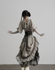 DOINDULGE Striped Square-Neck Fitted Waist Dress with Lace Trim