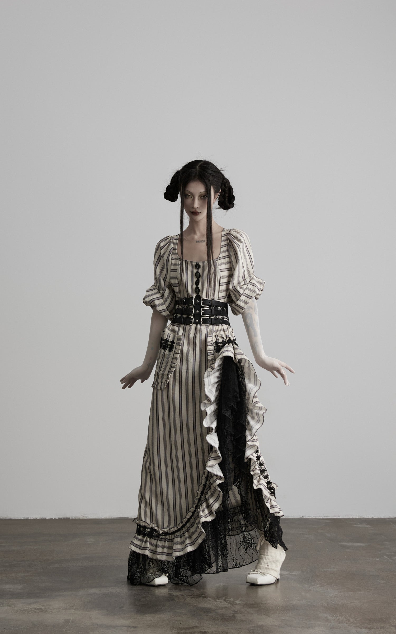 DOINDULGE Striped Square-Neck Fitted Waist Dress with Lace Trim