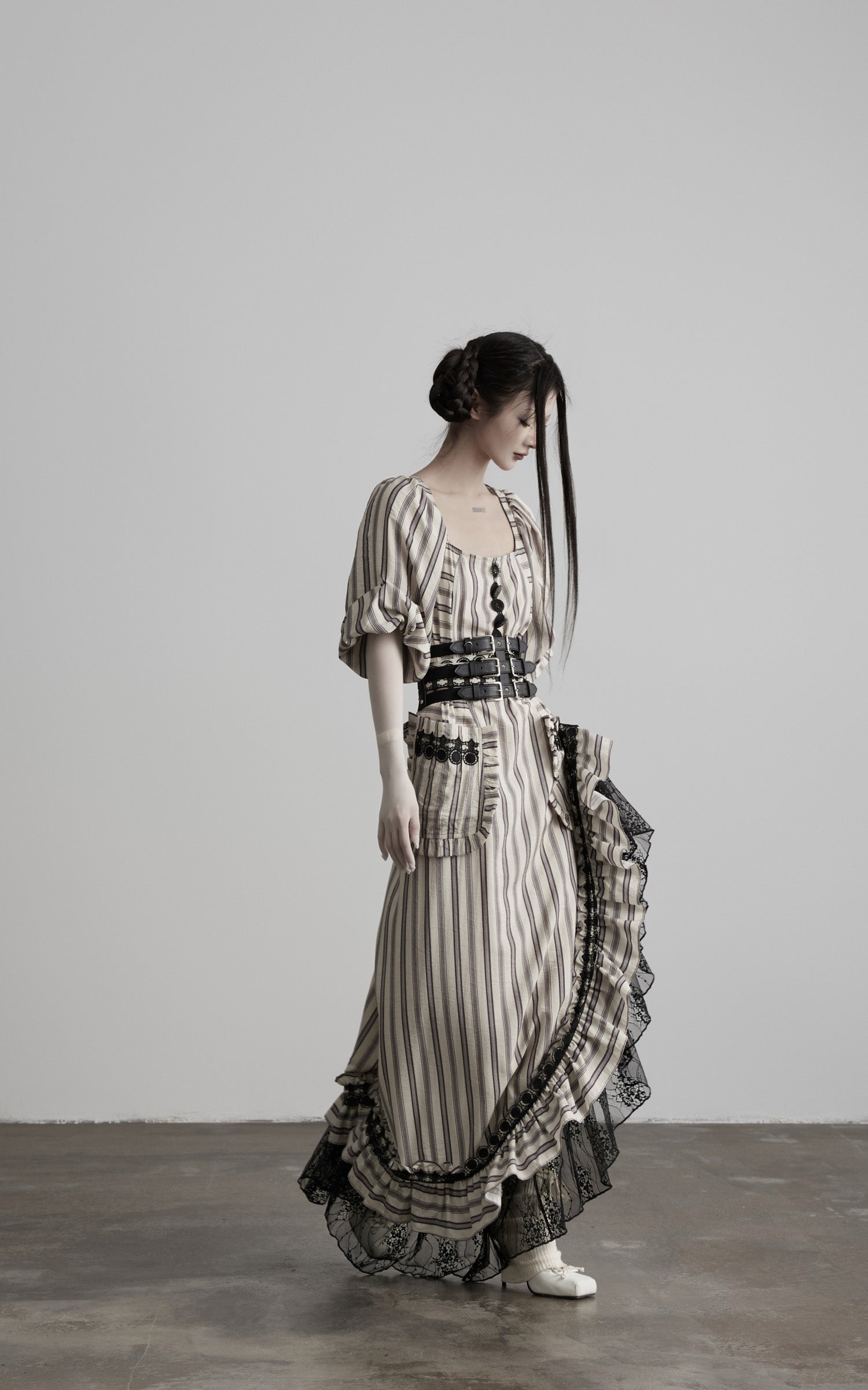 DOINDULGE Striped Square-Neck Fitted Waist Dress with Lace Trim