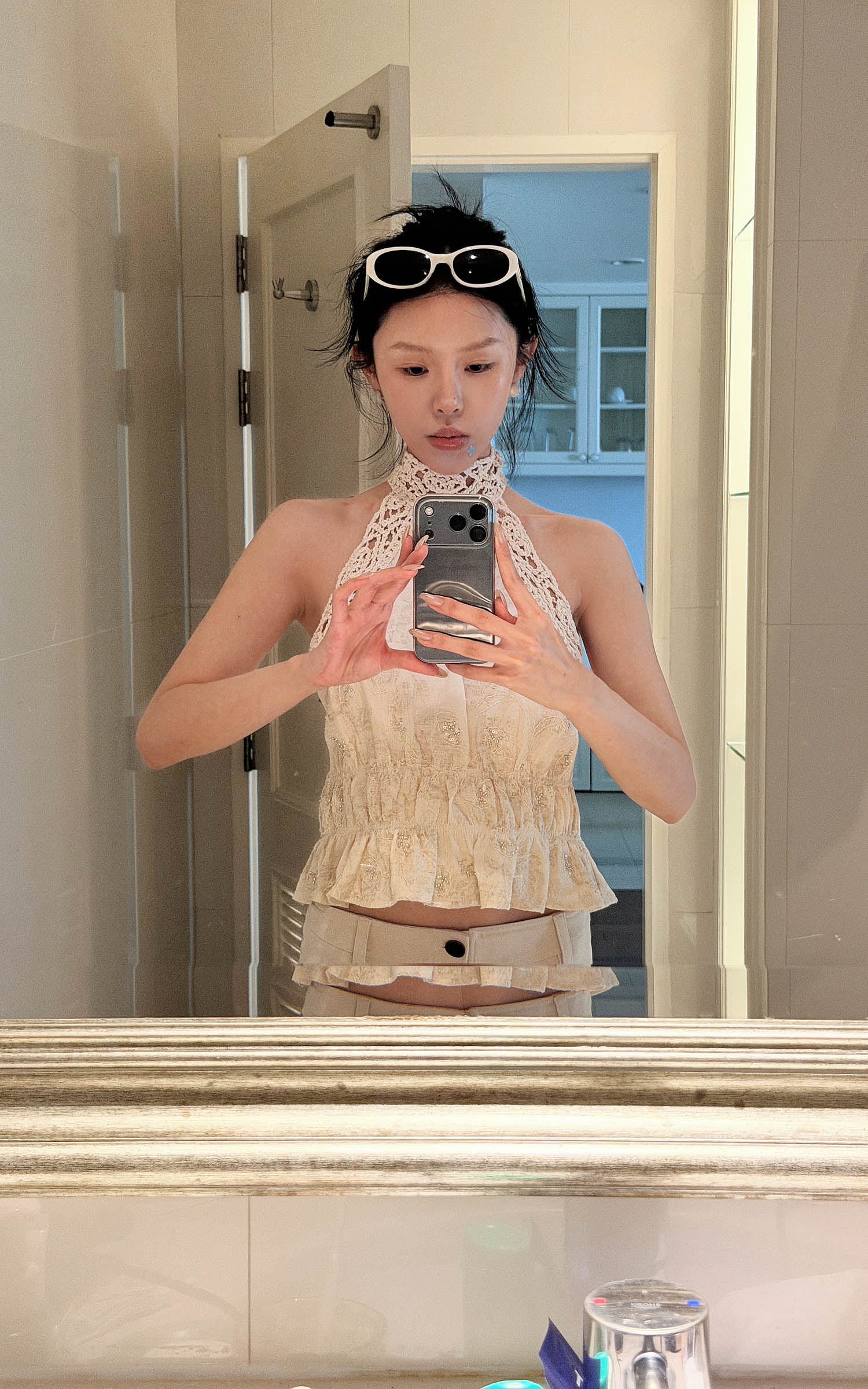 Hydrae Haut dos-nu vintage en dentelle crochetée avec lien à nouer
