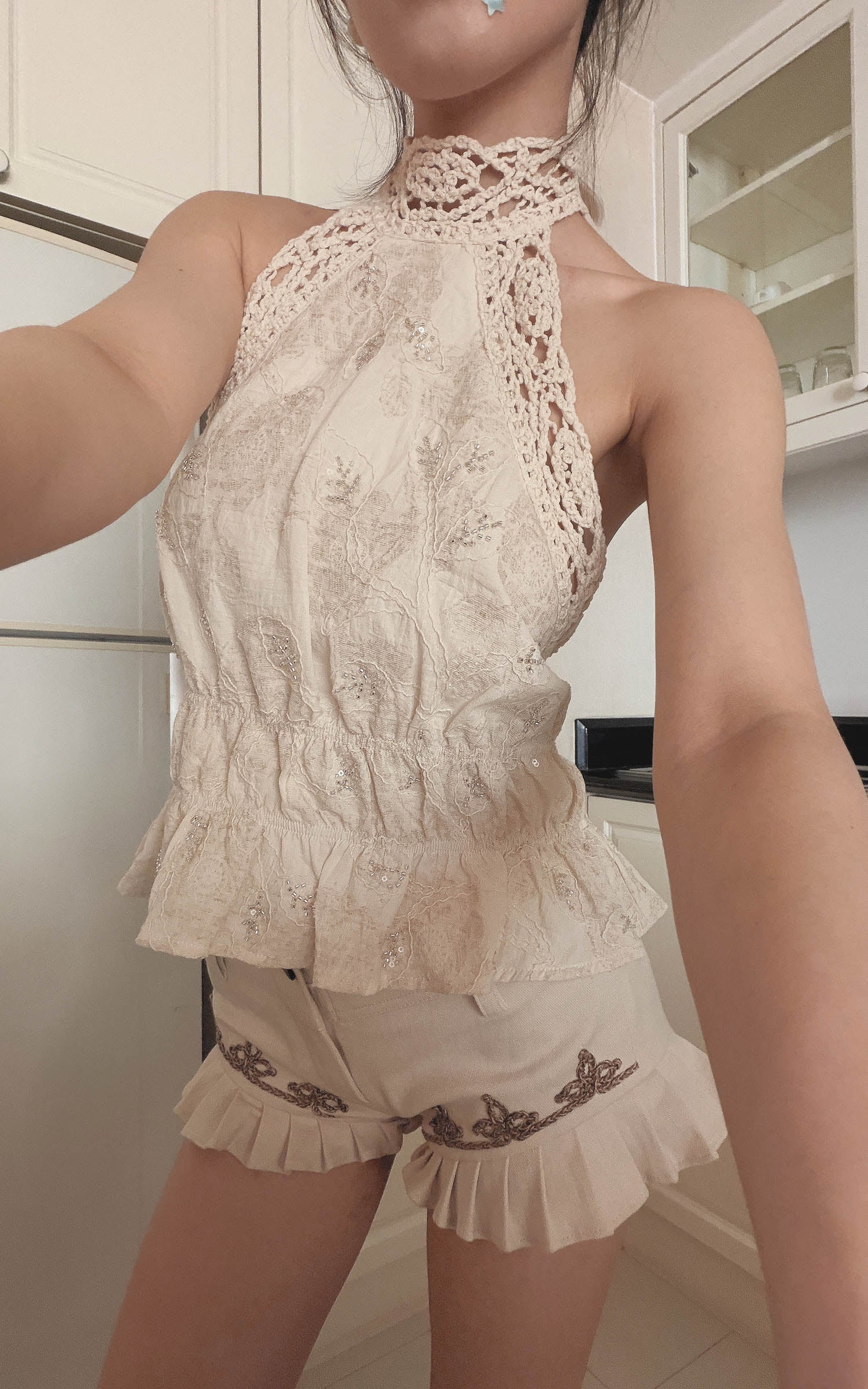 Hydrae Haut dos-nu vintage en dentelle crochetée avec lien à nouer