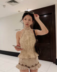 Hydrae Haut dos-nu vintage en dentelle crochetée avec lien à nouer