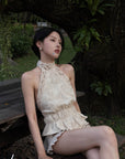Hydrae Haut dos-nu vintage en dentelle crochetée avec lien à nouer