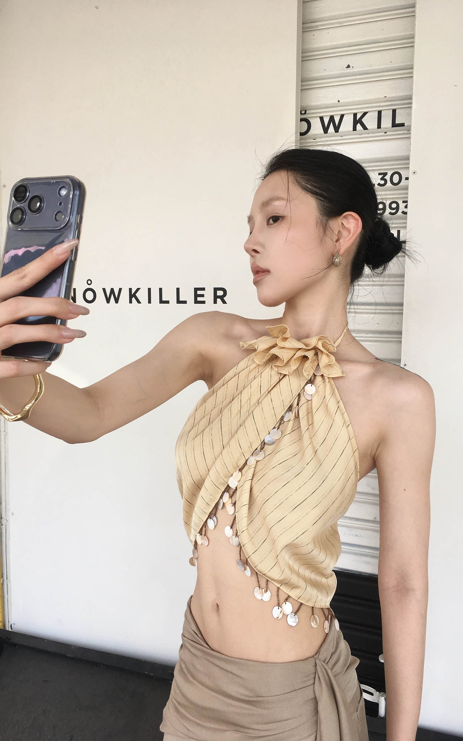 Hydrae Sheer  Draped Shell Tassel Backless Halter Top
