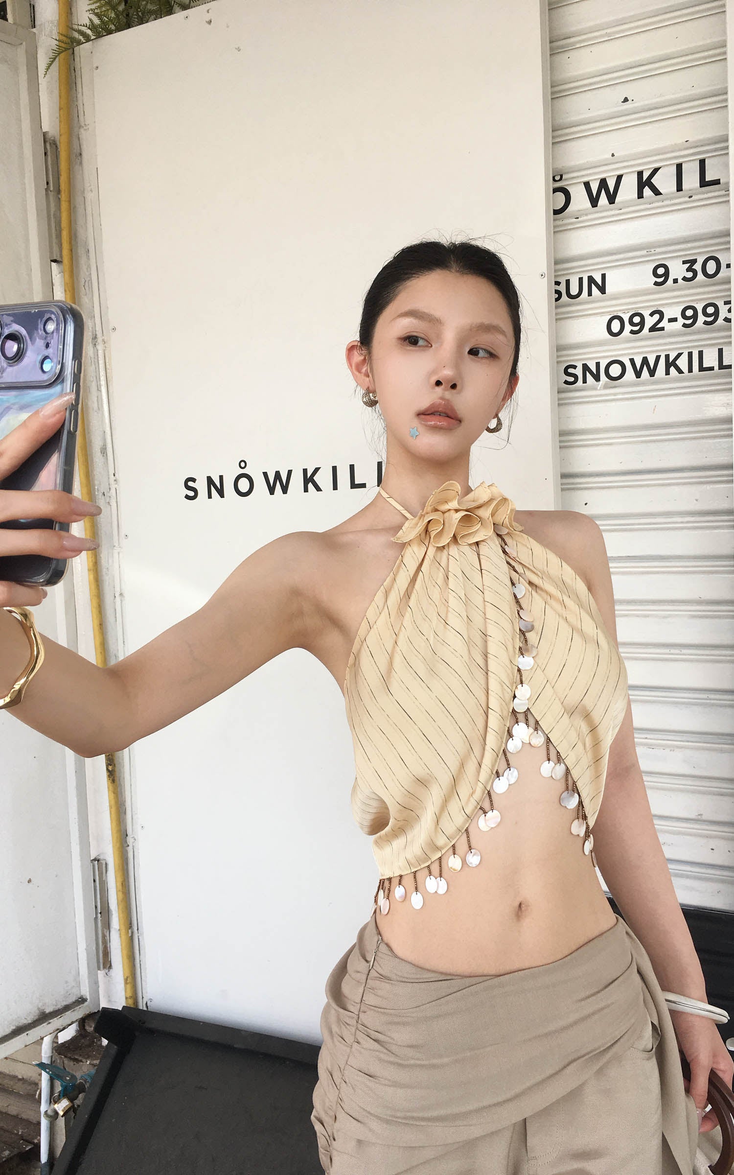 Hydrae Sheer  Draped Shell Tassel Backless Halter Top