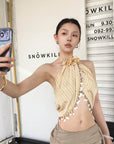 Hydrae Sheer  Draped Shell Tassel Backless Halter Top