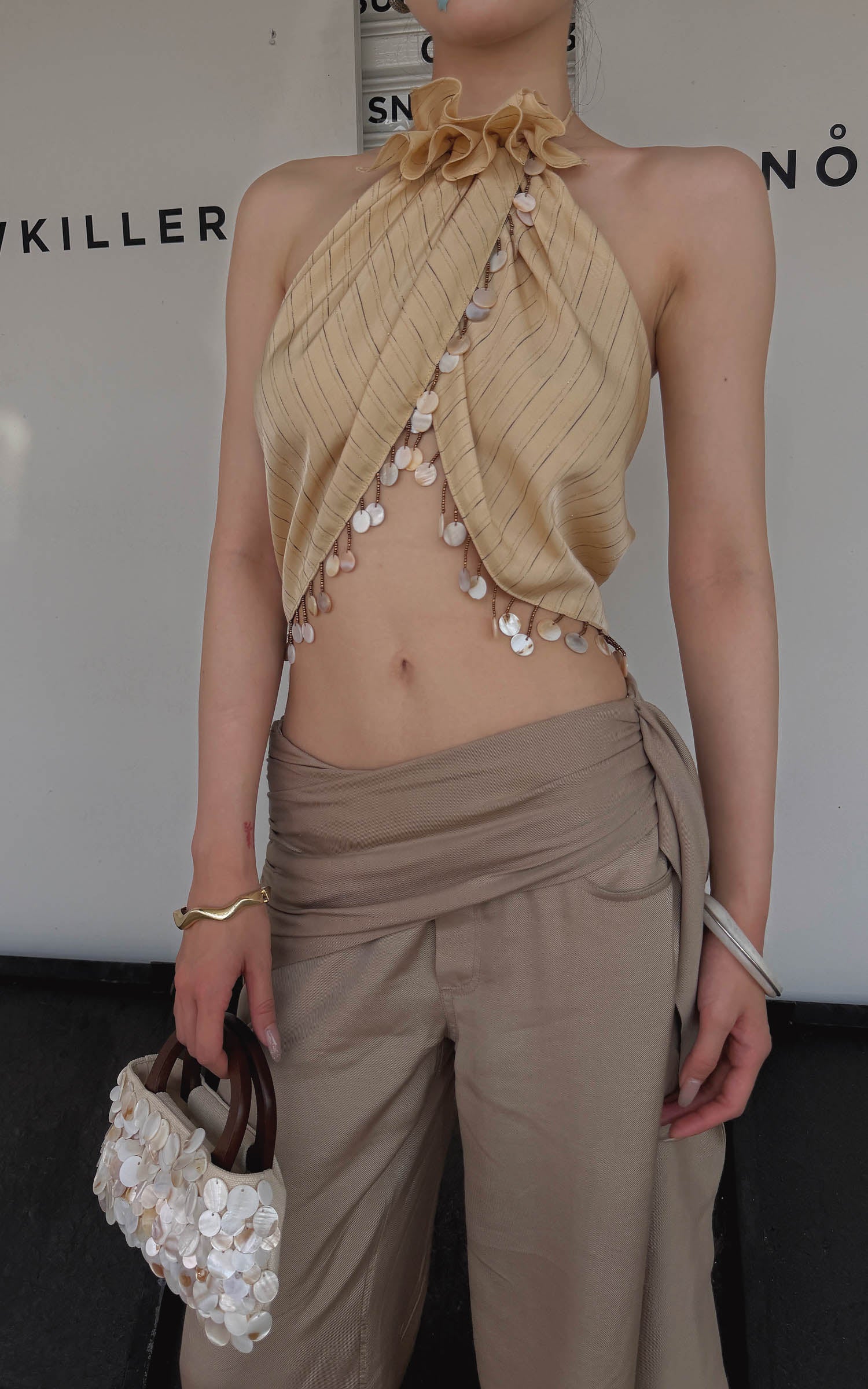 Hydrae Sheer  Draped Shell Tassel Backless Halter Top