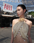Hydrae Sheer  Draped Shell Tassel Backless Halter Top