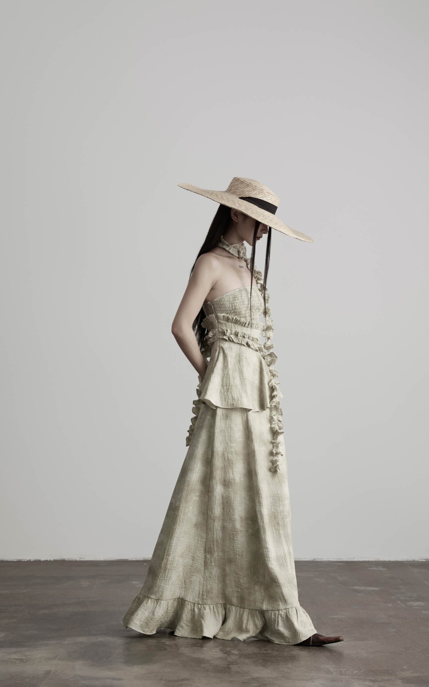DOINDULGE Strapless Smocked Ruffle Maxi Dress
