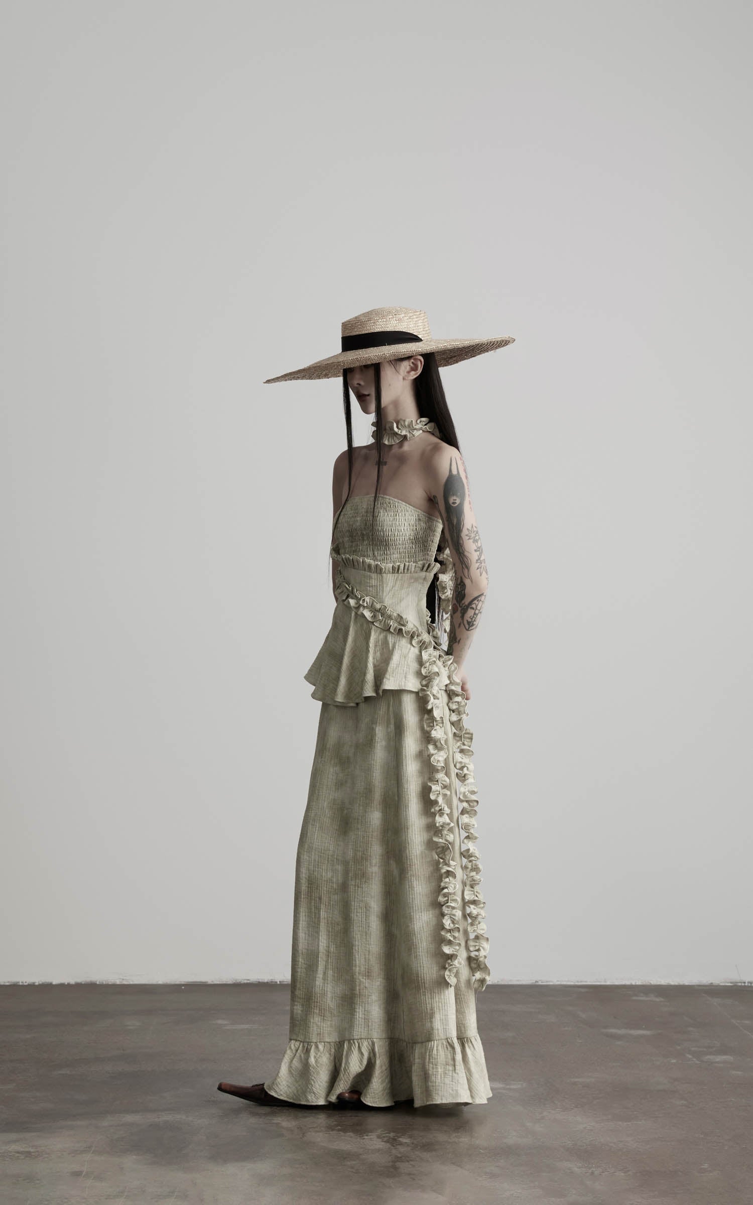 DOINDULGE Strapless Smocked Ruffle Maxi Dress