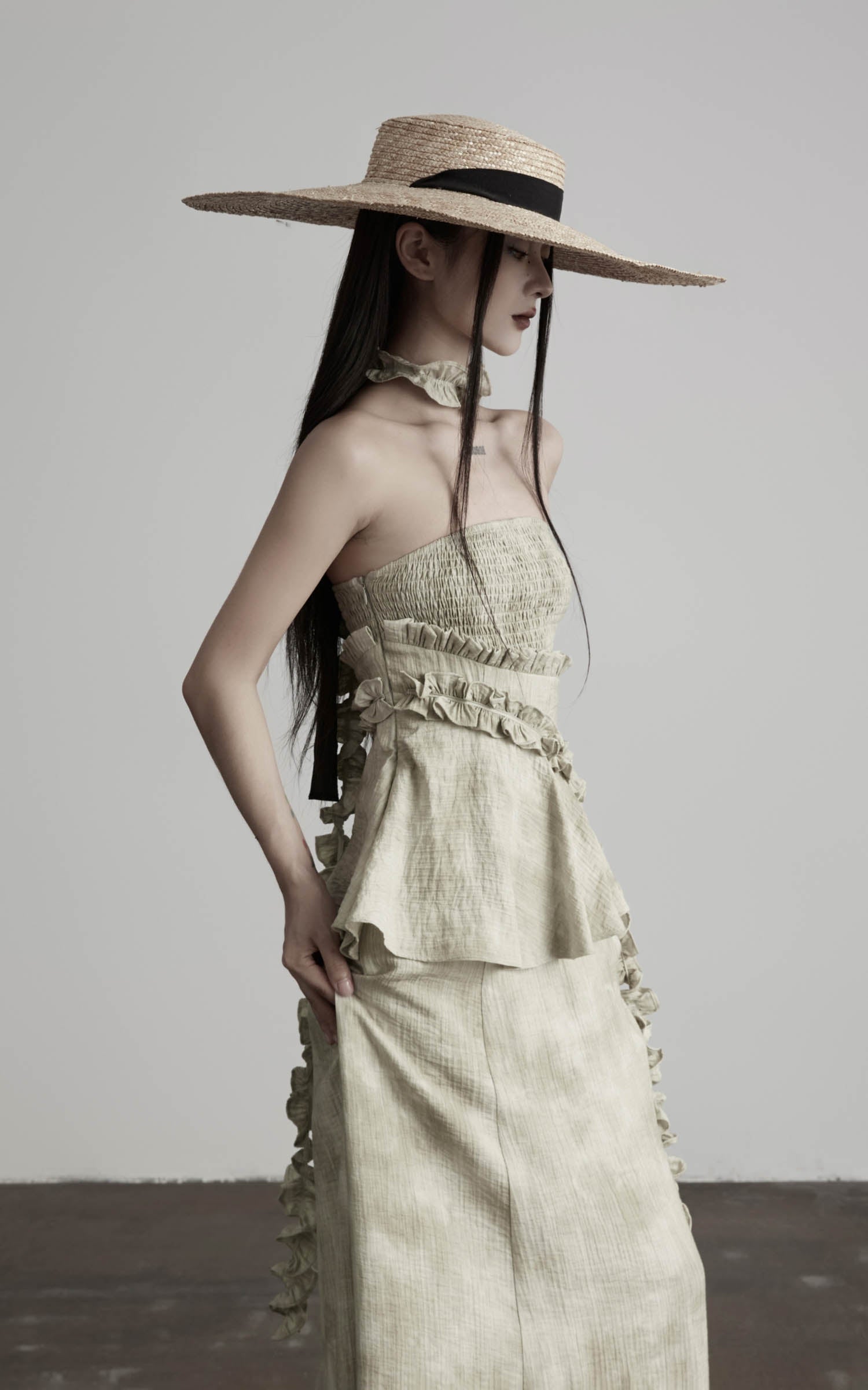 DOINDULGE Strapless Smocked Ruffle Maxi Dress
