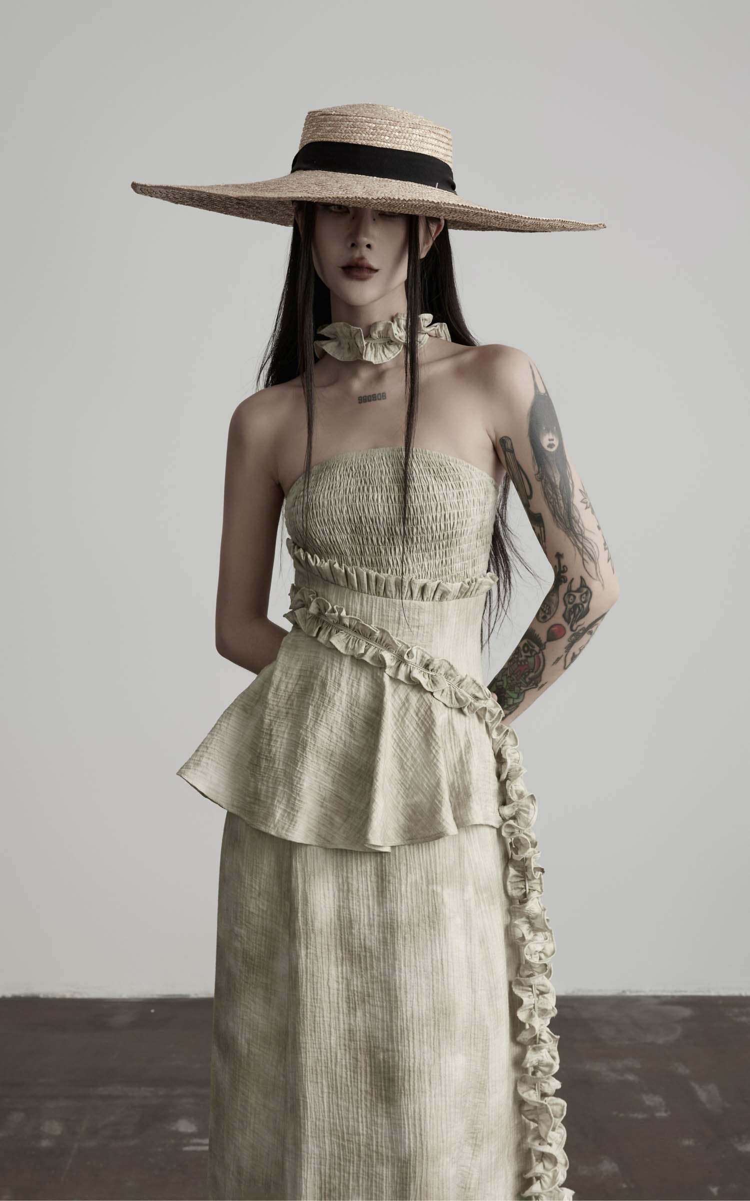 DOINDULGE Strapless Smocked Ruffle Maxi Dress