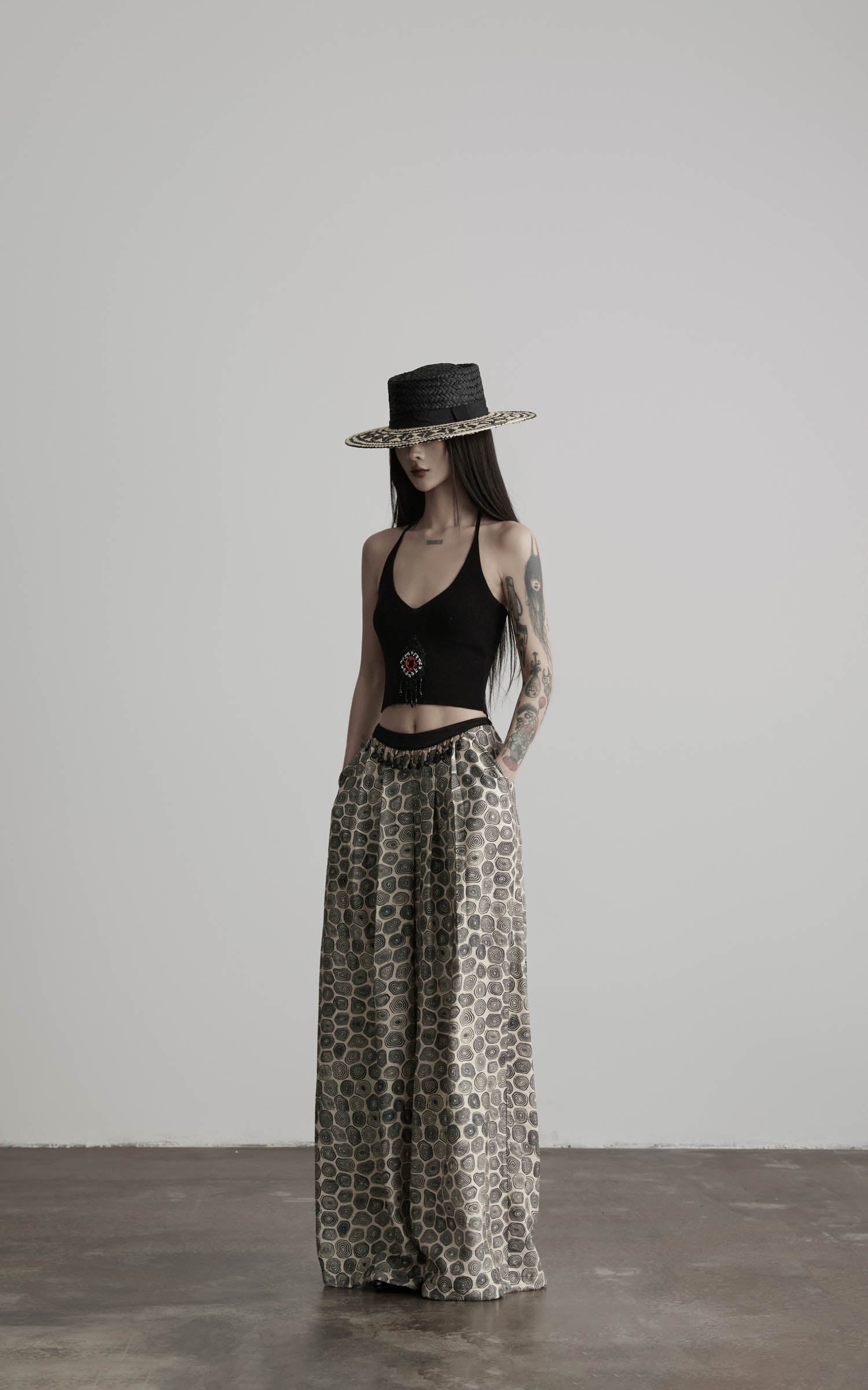 DOINDULGE Beaded Waist Wide Leg Pants