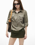 IAMXIAA Chemise Olive à Poches Utilitaires