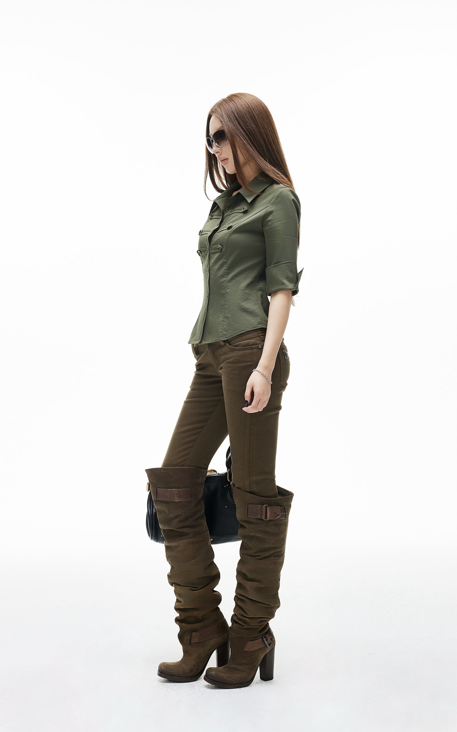 IAMXIAA Chemise ajustée utilitaire à boutons olive