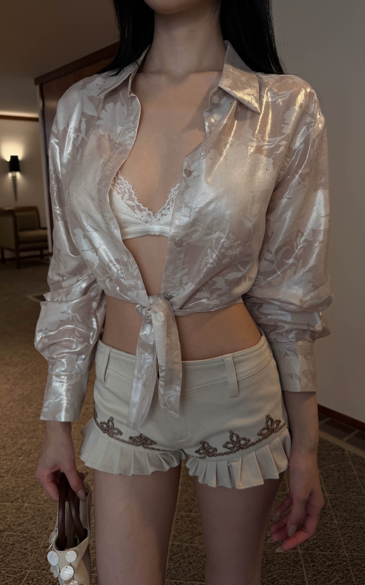 Hydrae Embroidered Low-Rise Ruffle Mini Shorts