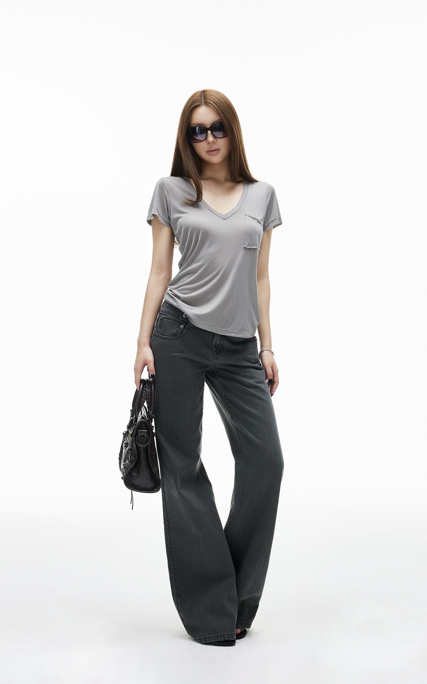 IAMXIAA T-shirt transparent à col en V avec poche