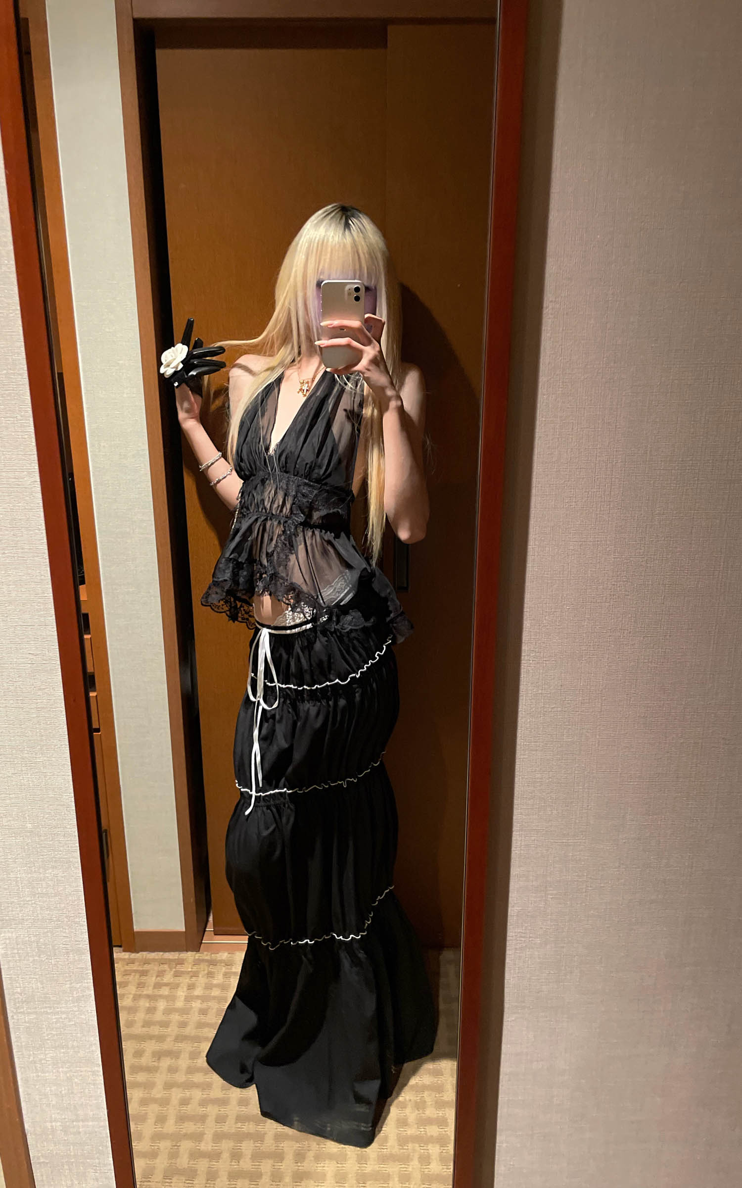 Rase Le Sol レースウエストディテール付きラッフルパネルマキシスカート