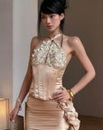 ROVENTE Ensemble Corset Dos-nu Orné & Jupe Mini Froncée