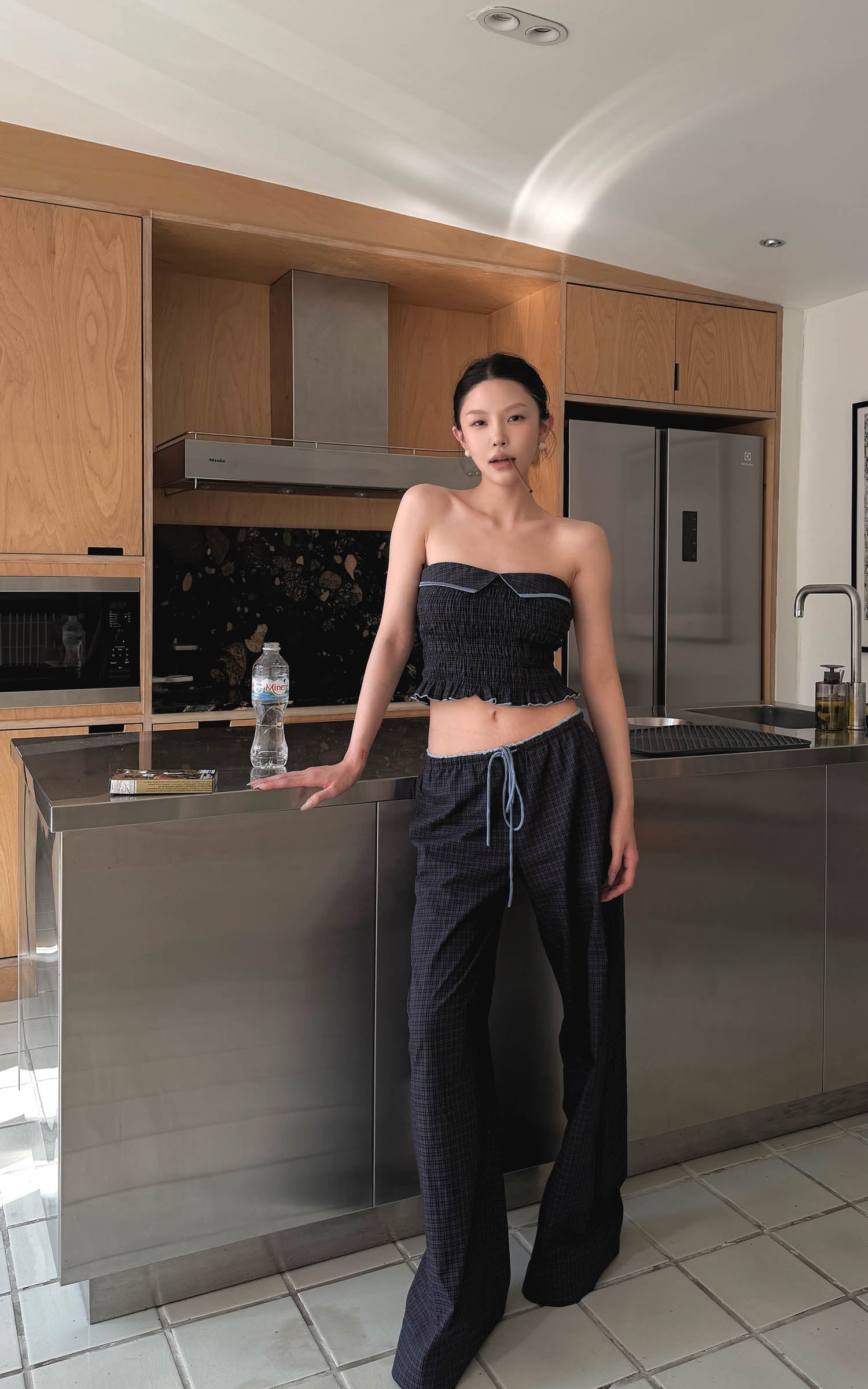 Hydrae Plaid Ruched Tube Top &amp; Wide-Leg Pants Set