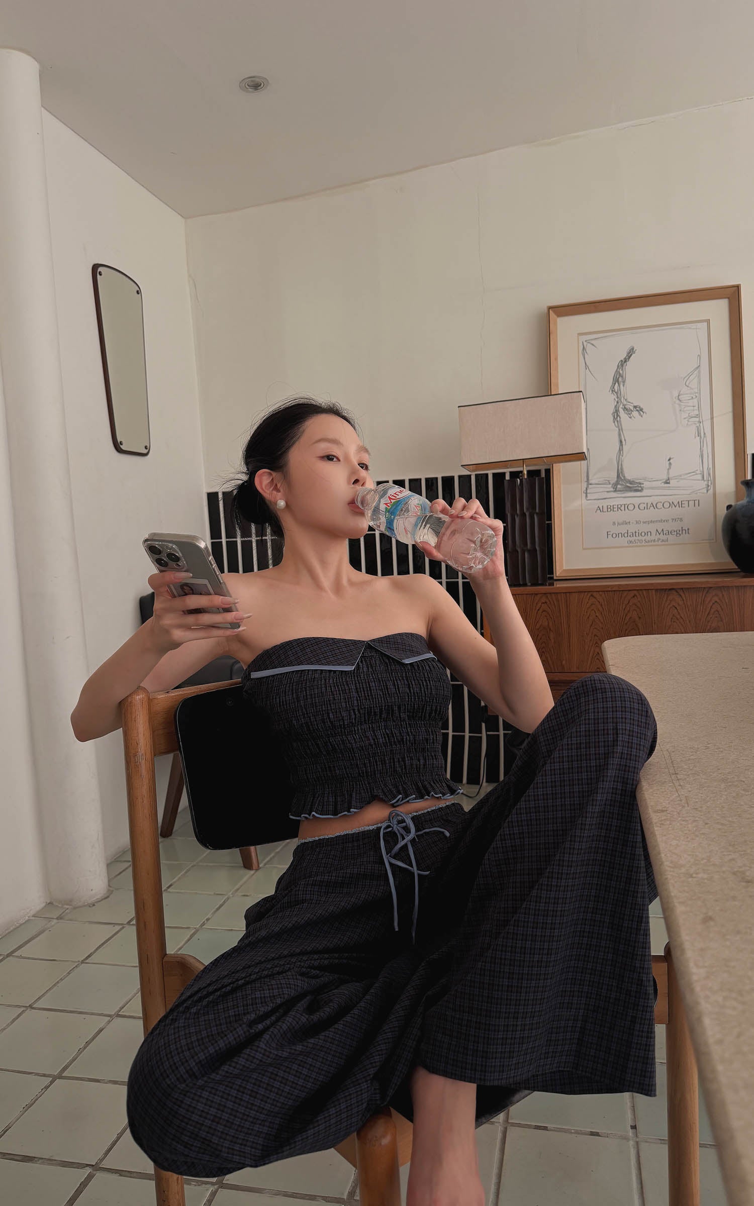 Hydrae Plaid Ruched Tube Top &amp; Wide-Leg Pants Set