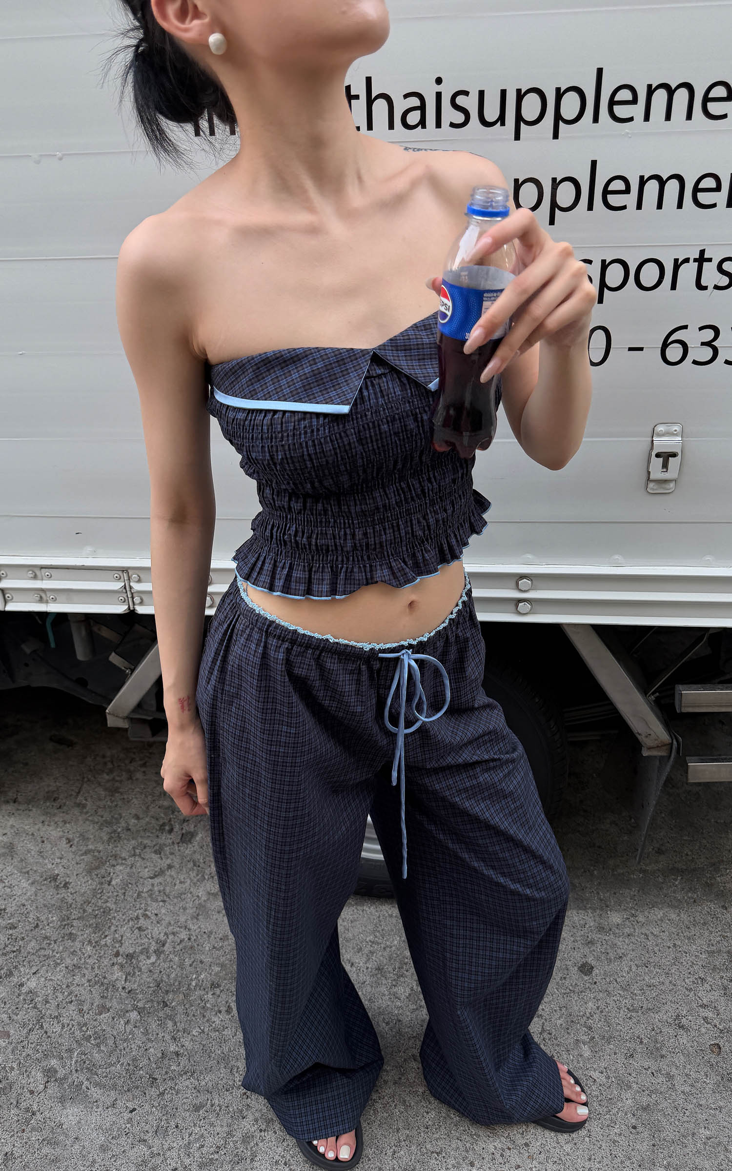 Hydrae Plaid Ruched Tube Top &amp; Wide-Leg Pants Set