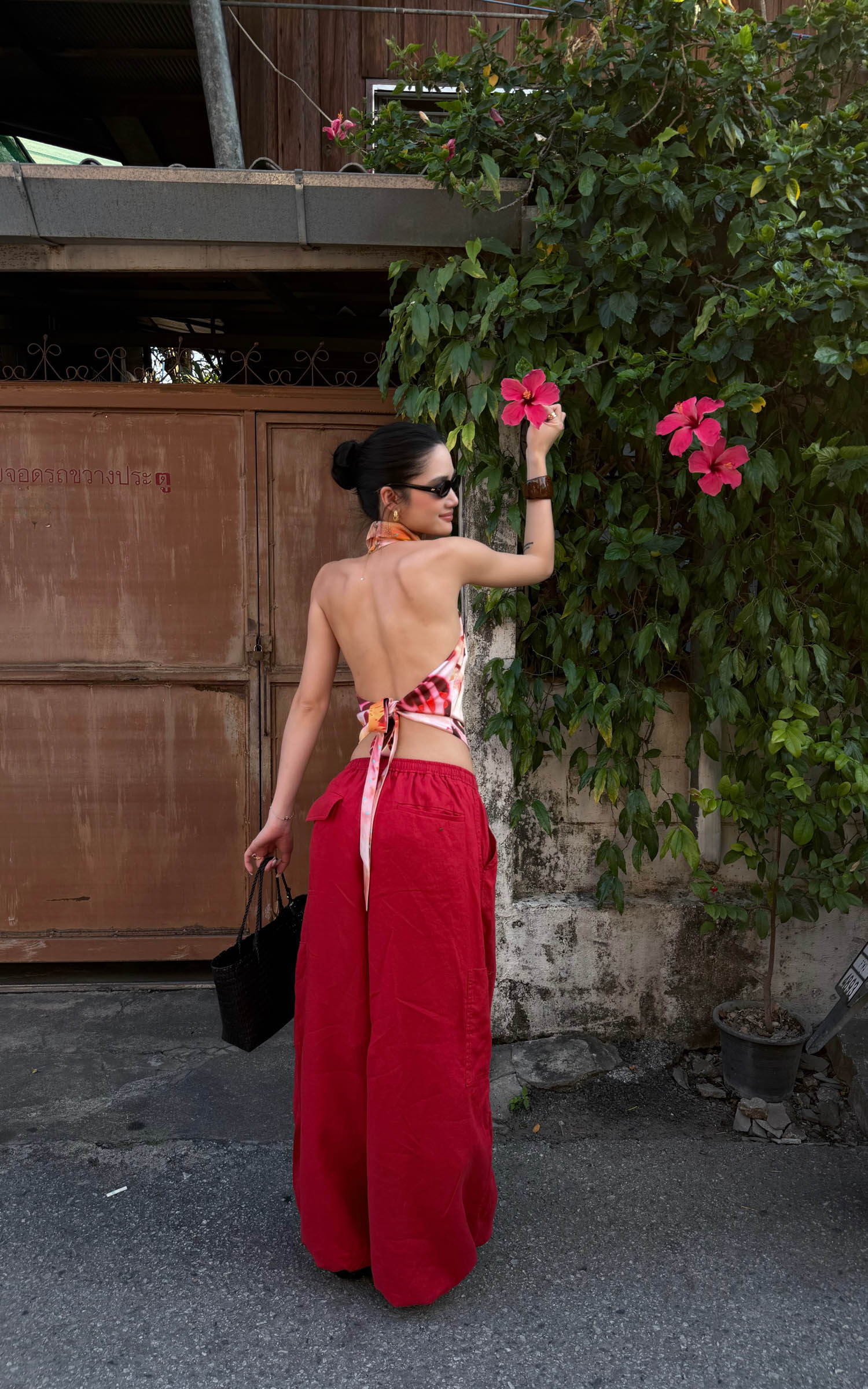 ROVENTE Pantalon cargo rouge à jambe large et cordon de serrage