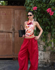 ROVENTE Pantalon cargo rouge à jambe large et cordon de serrage