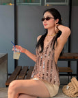 ROVENTE Ensemble haut dos nu transparent à sequins & jupe mini en satin