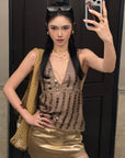 ROVENTE Ensemble haut dos nu transparent à sequins & jupe mini en satin