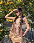 ROVENTE Ensemble haut dos nu transparent à sequins & jupe mini en satin
