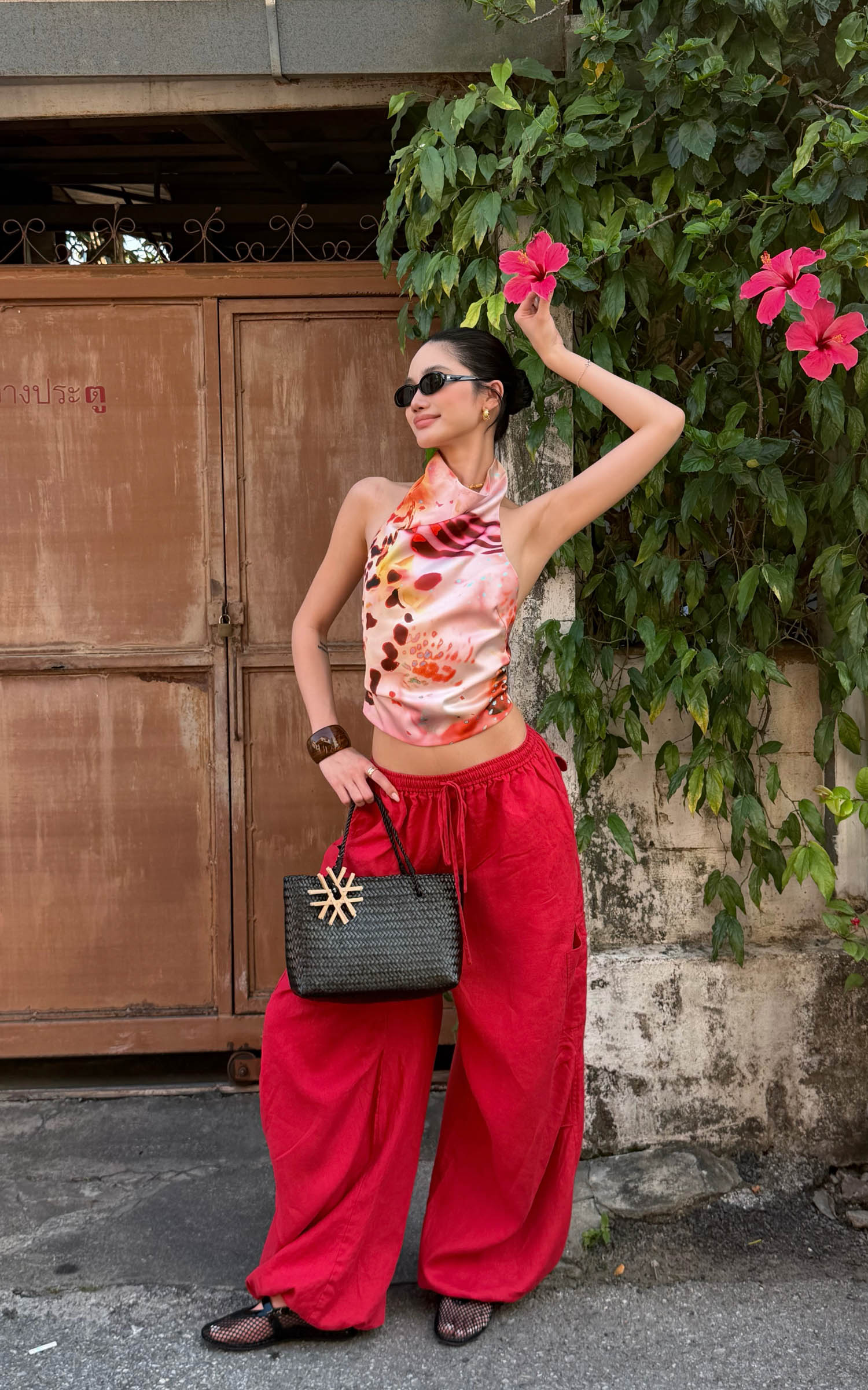 ROVENTE Pantalon cargo rouge à jambe large et cordon de serrage