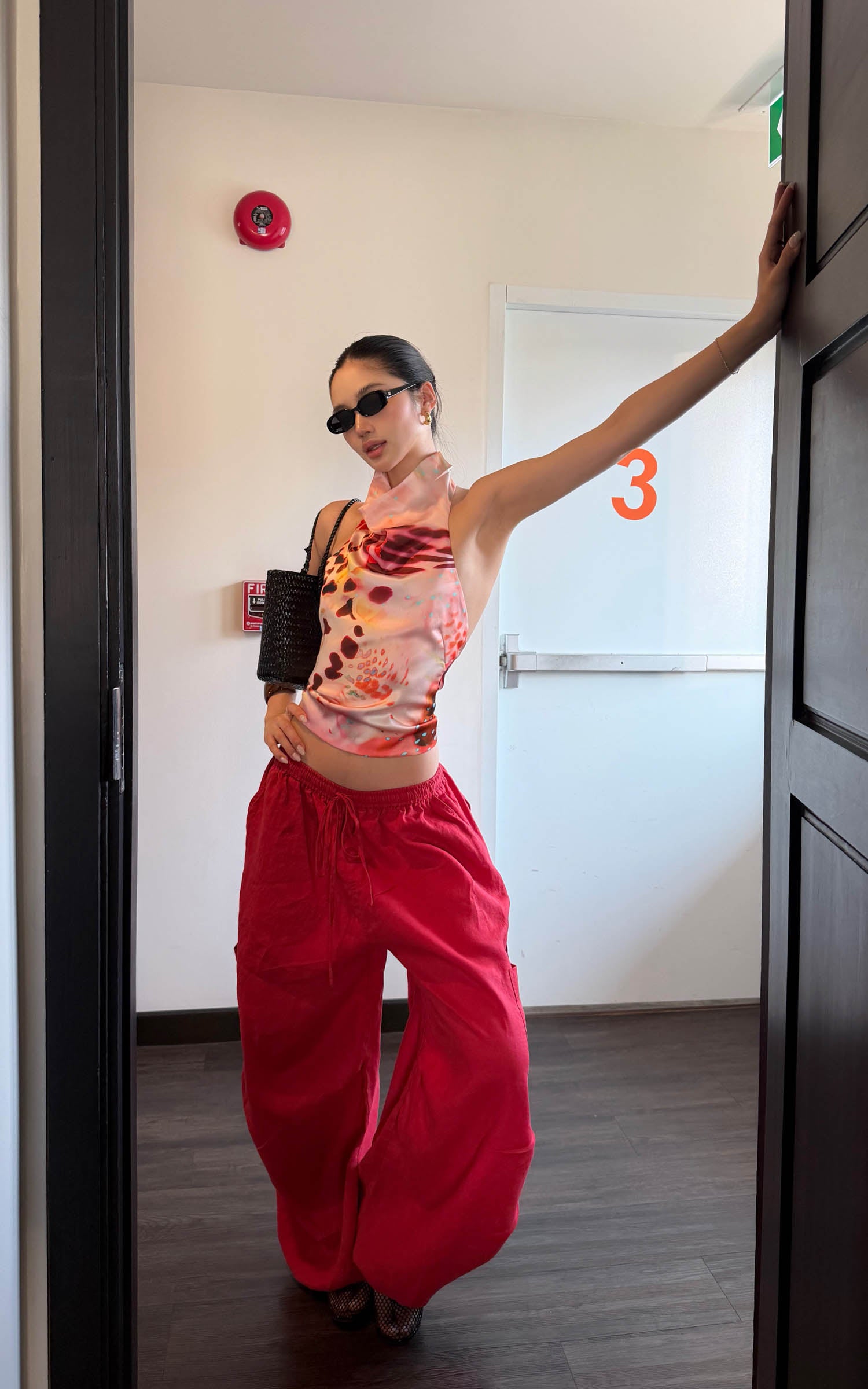 ROVENTE Pantalon cargo rouge à jambe large et cordon de serrage